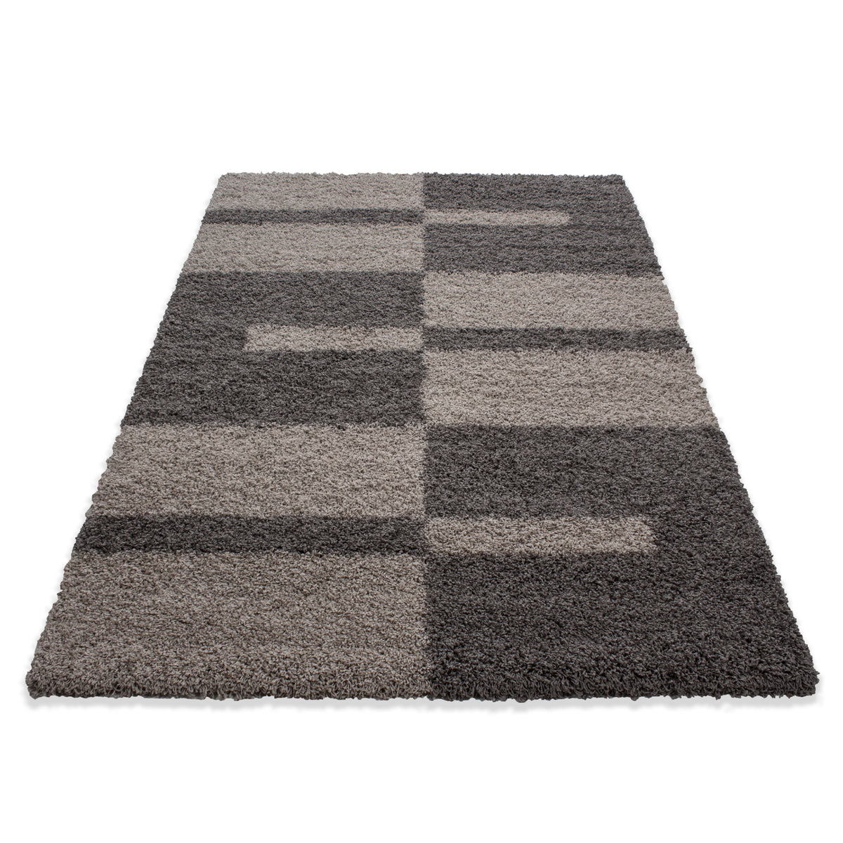 Designer Shaggy Teppich Modern Kariert Design Hochflor Teppich Wohnzimmer