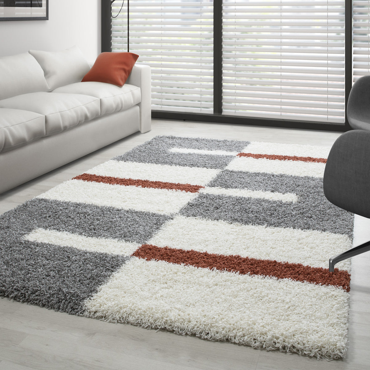 Designer Shaggy Teppich Modern Kariert Design Hochflor Teppich Wohnzimmer