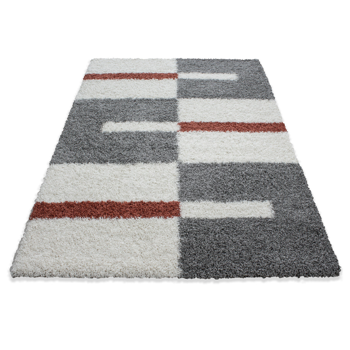 Designer Shaggy Teppich Modern Kariert Design Hochflor Teppich Wohnzimmer