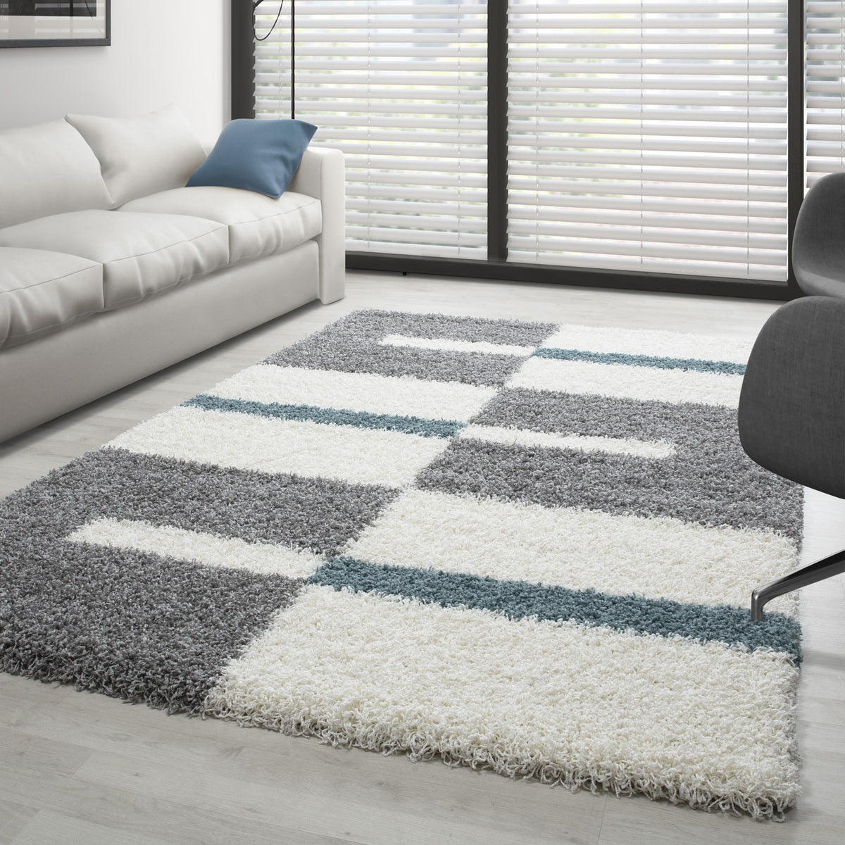 Designer Shaggy Teppich Modern Kariert Design Hochflor Teppich Wohnzimmer