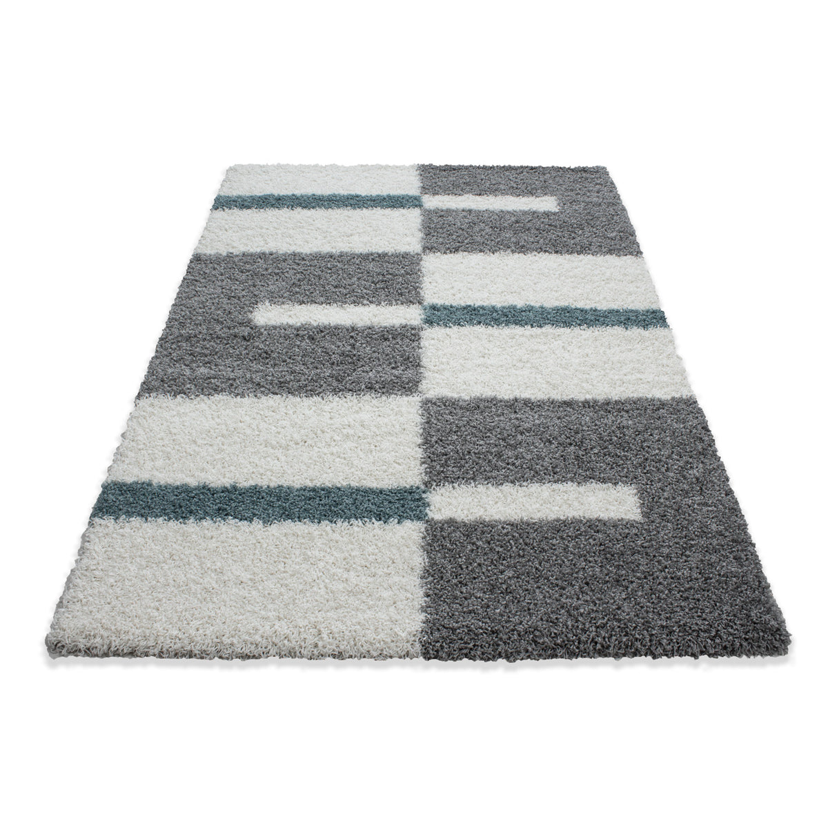 Designer Shaggy Teppich Modern Kariert Design Hochflor Teppich Wohnzimmer