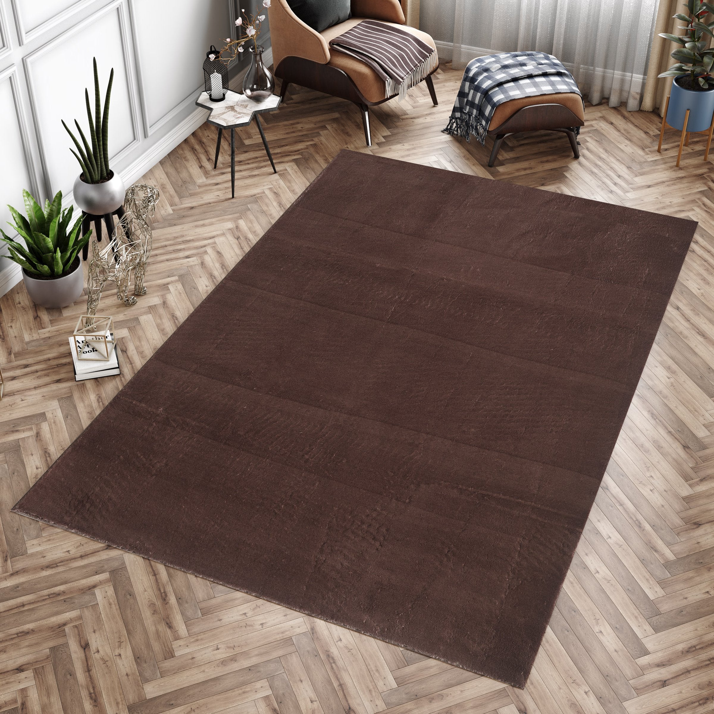 Waschbarer Hochflor Teppich Wohnzimmer Einfarbig Kunstfell Plüsch Super Weich