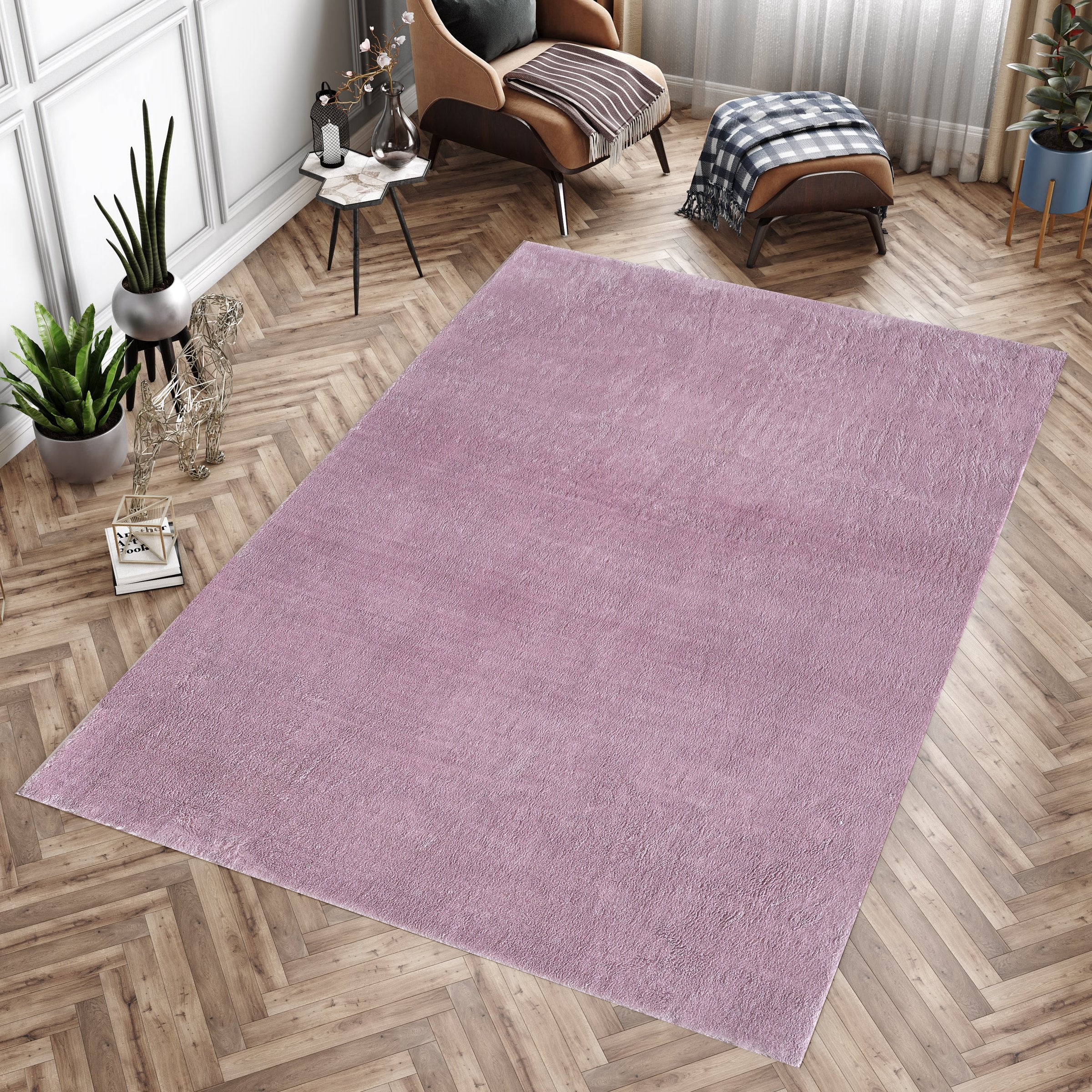 Waschbarer Hochflor Teppich Wohnzimmer Einfarbig Kunstfell Plüsch Super Weich