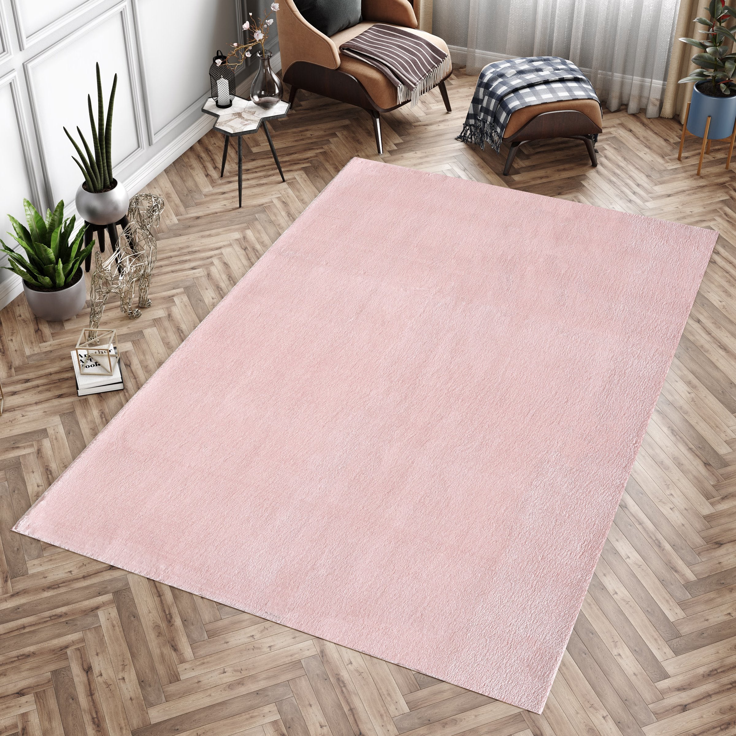 Waschbarer Hochflor Teppich Wohnzimmer Einfarbig Kunstfell Plüsch Super Weich