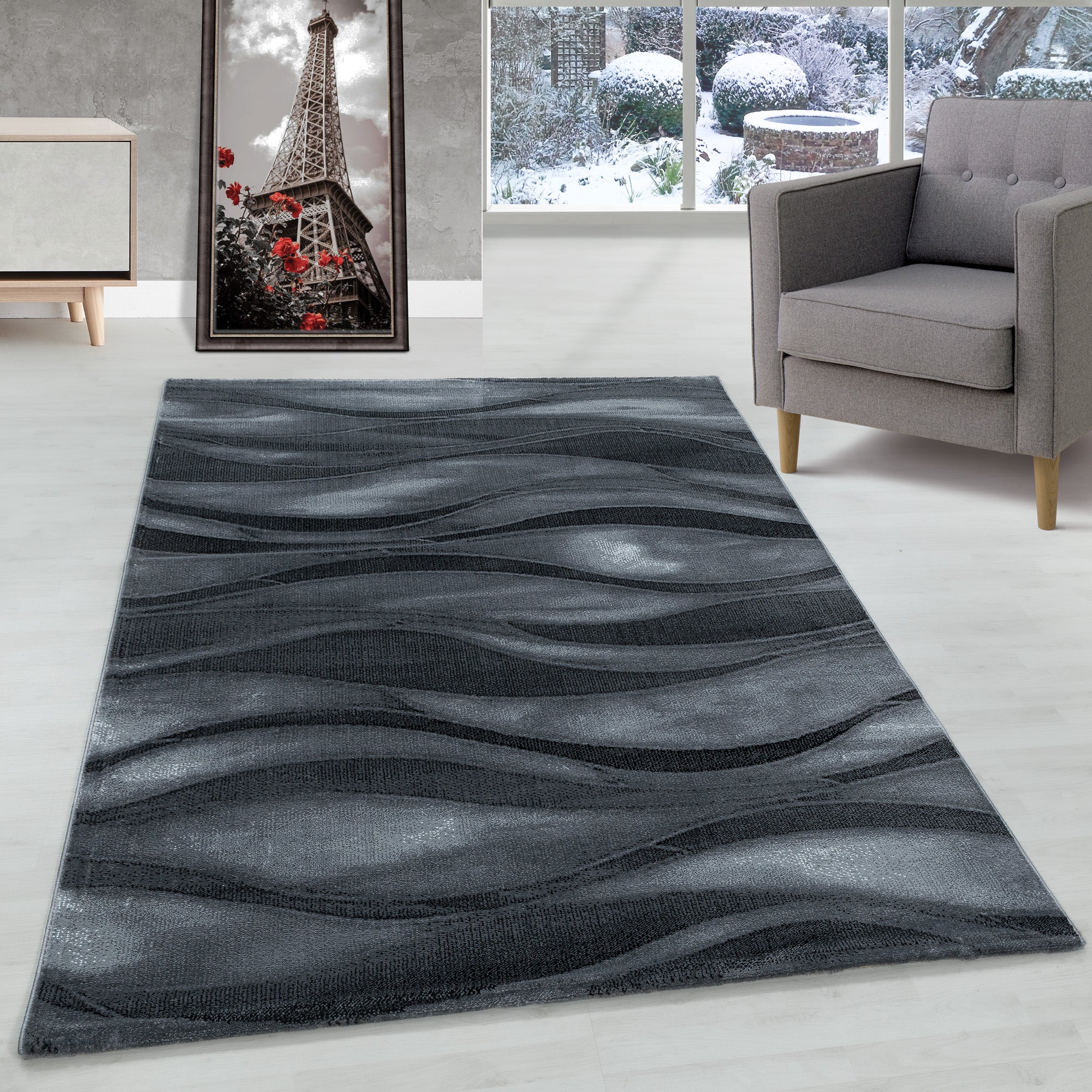 Kurzflor Teppich Wellen Design Teppich Schwarz Modern Stil Teppich Wohnzimmer