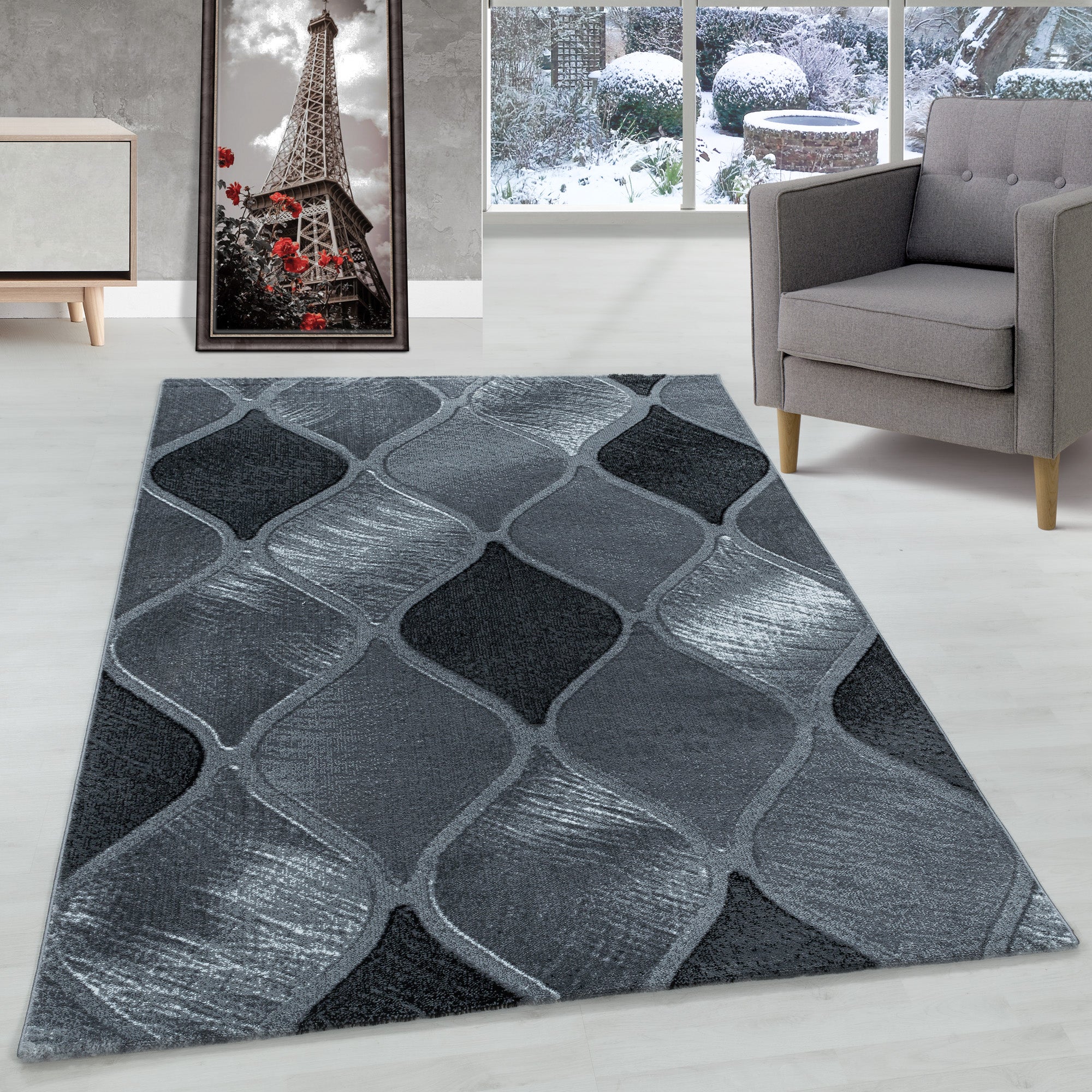 Kurzflor Teppich Geometrisch Design Teppich Schwarz Modern  Teppich Wohnzimmer