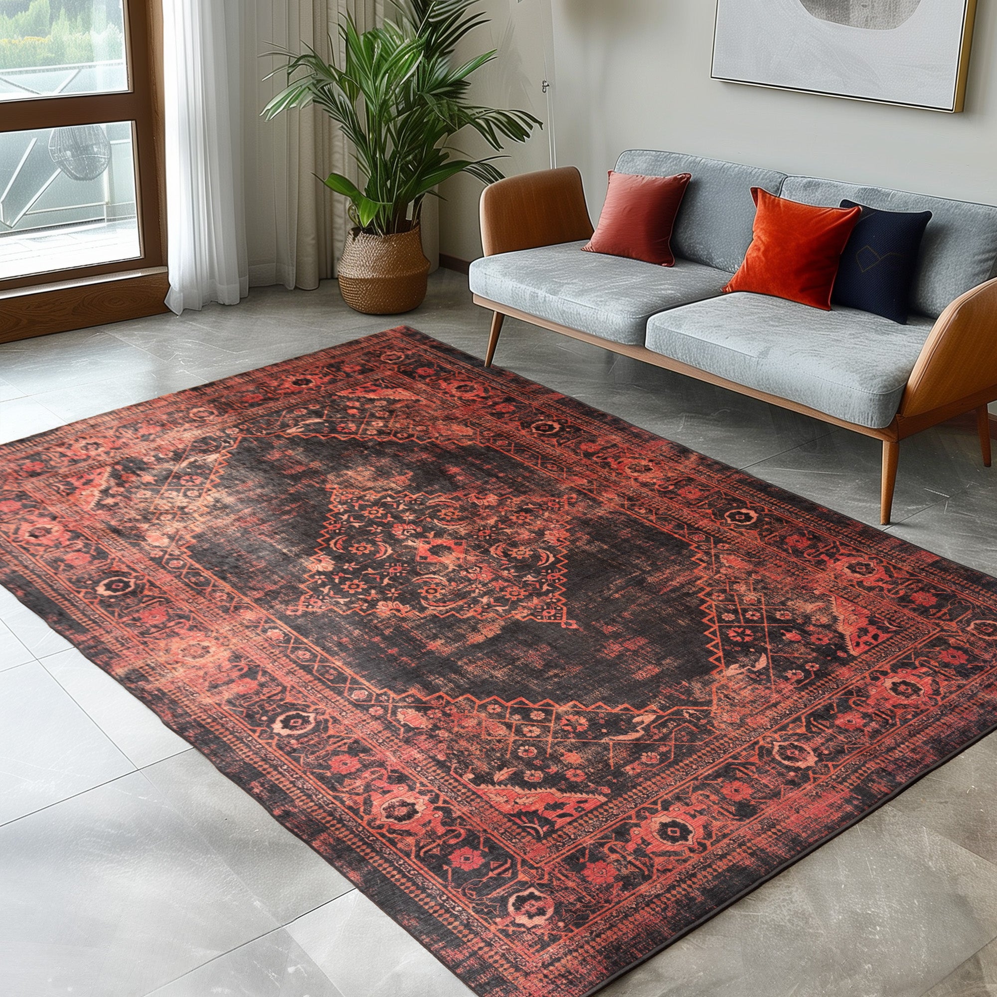 Washable carpet for living room, flat weave, robust, vintage look, non-slip