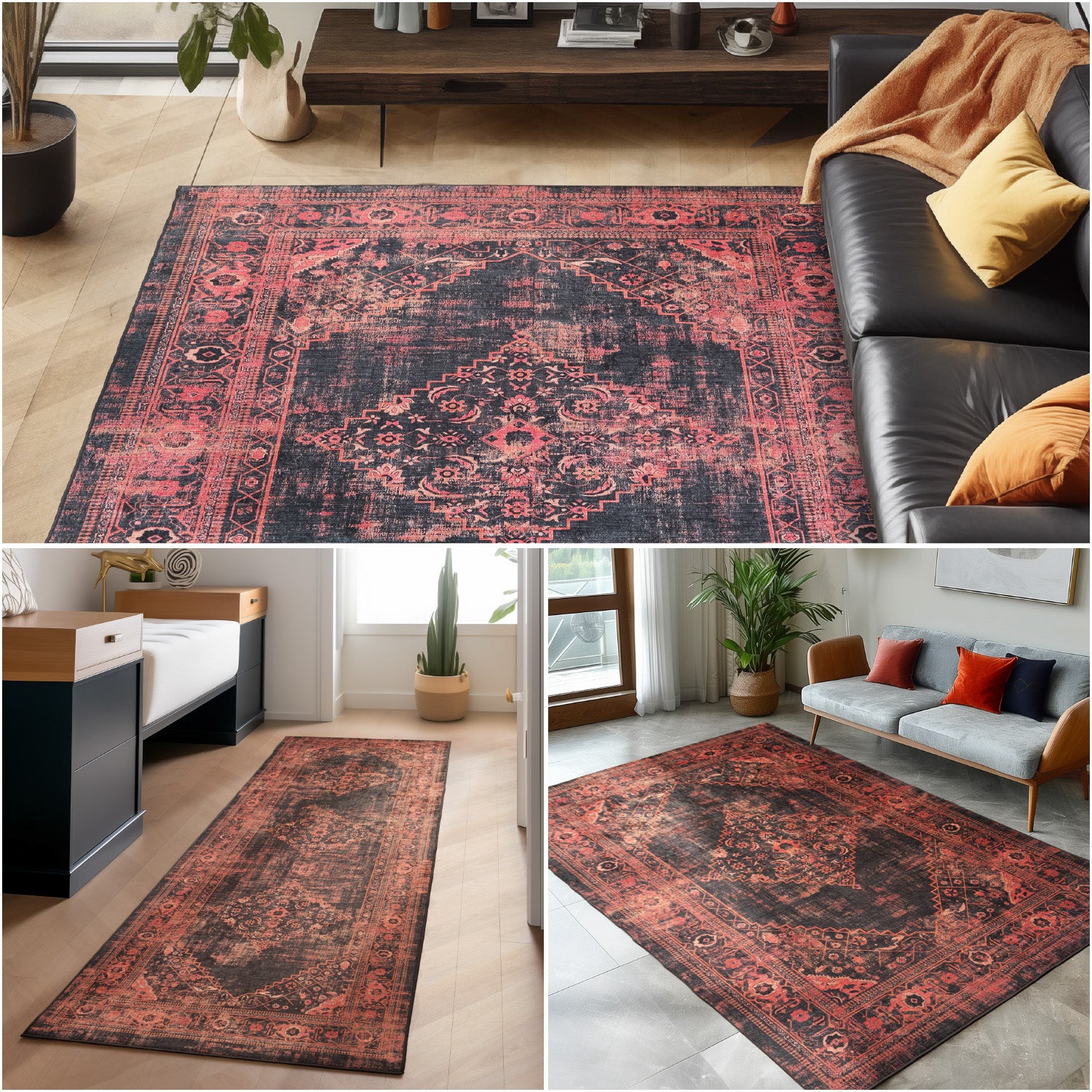 Washable carpet for living room, flat weave, robust, vintage look, non-slip