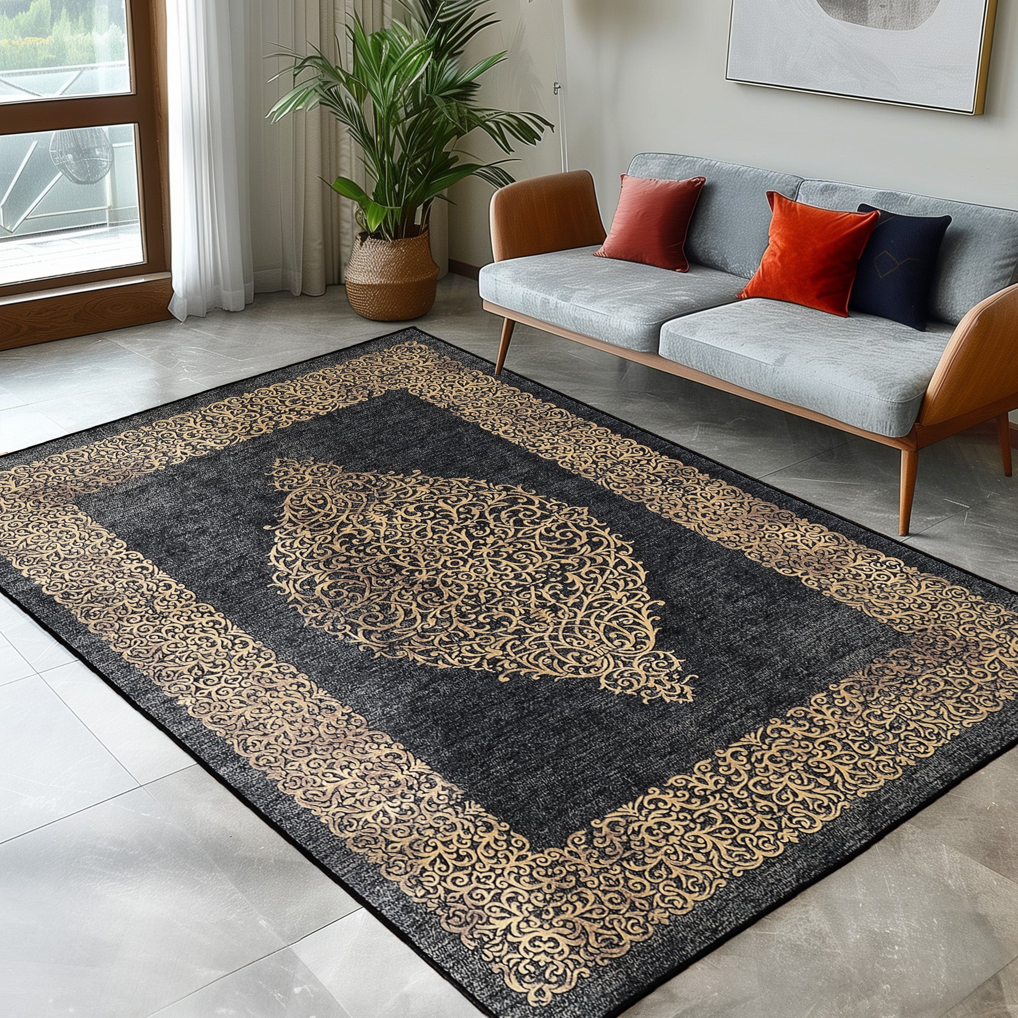 Tapis lavable salon tissage plat robuste design baroque antidérapant