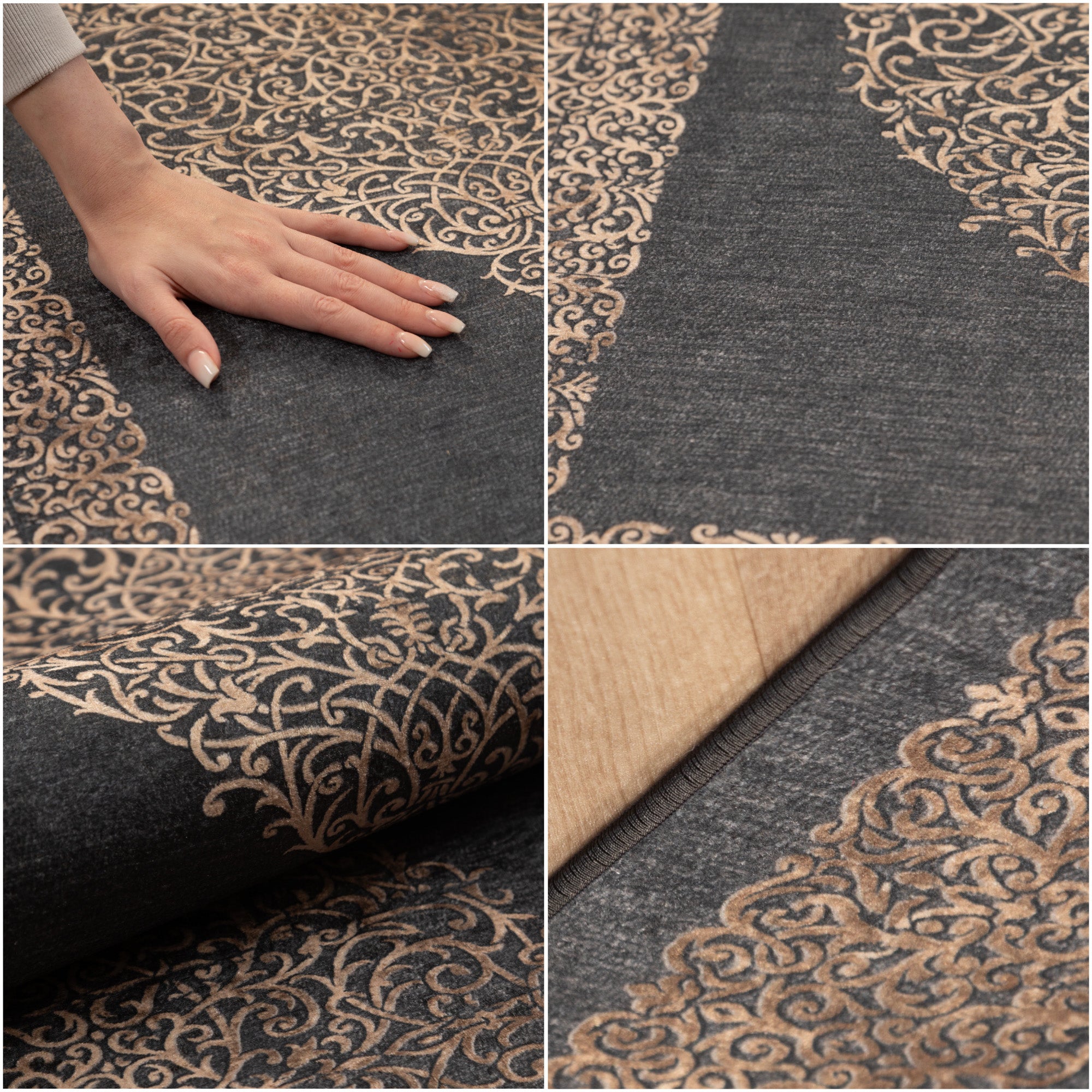 Tapis lavable salon tissage plat robuste design baroque antidérapant