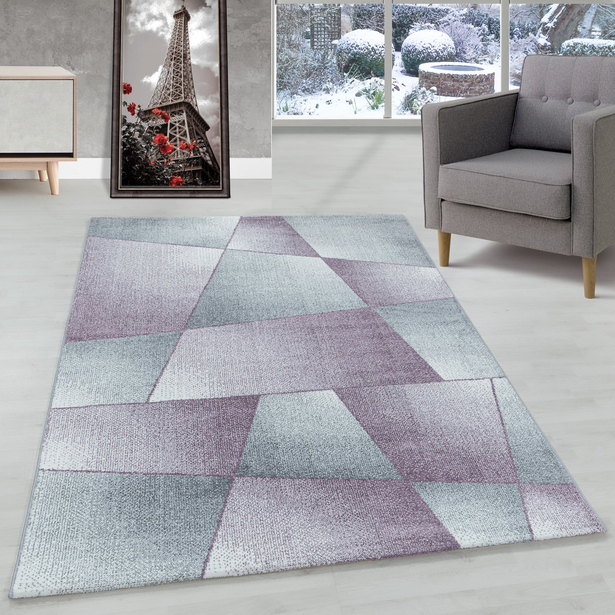 Modern designer short pile rug for living room, abstract design, robust, easy to care for