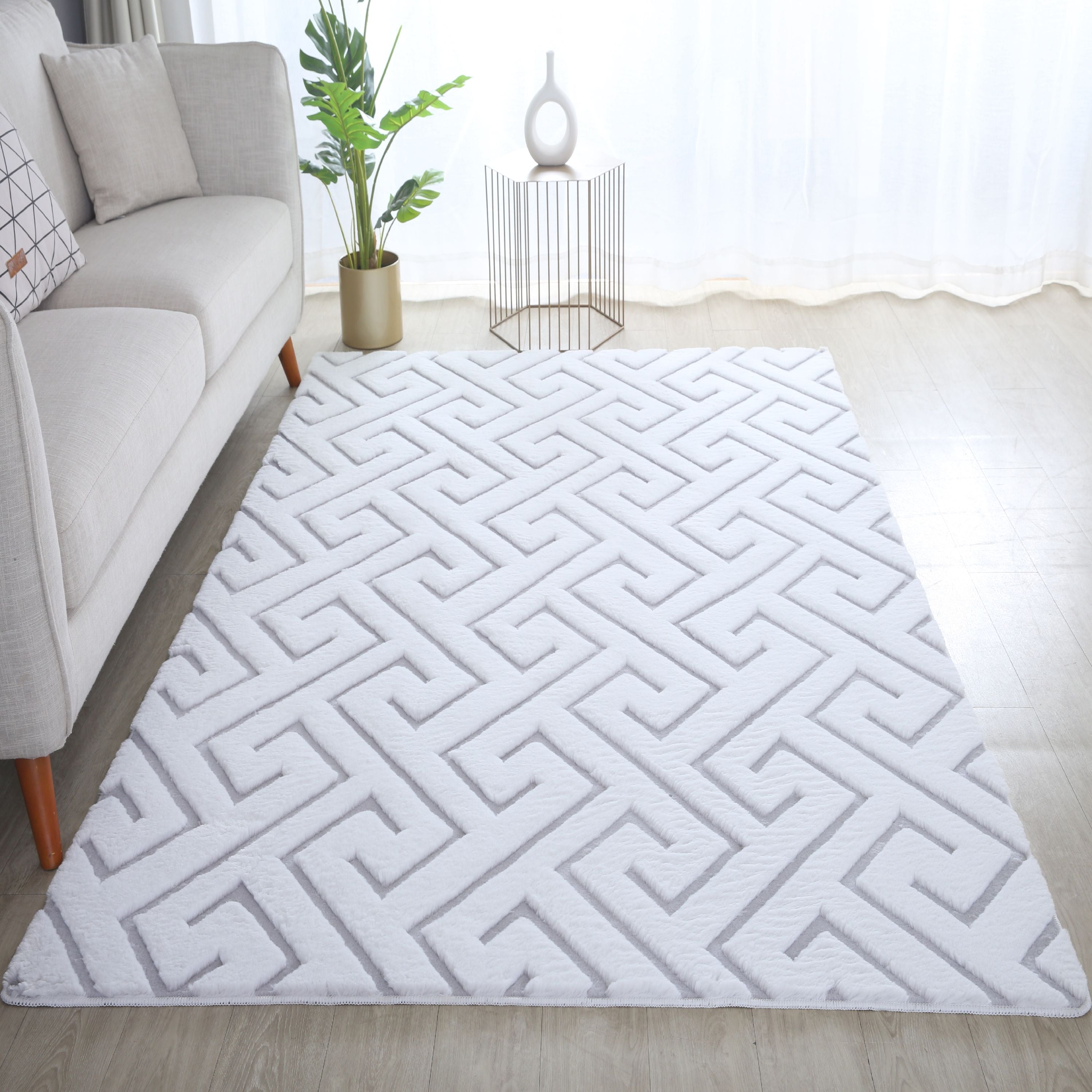 Tapis salon effet 3D design scandinave aspect fourrure douce