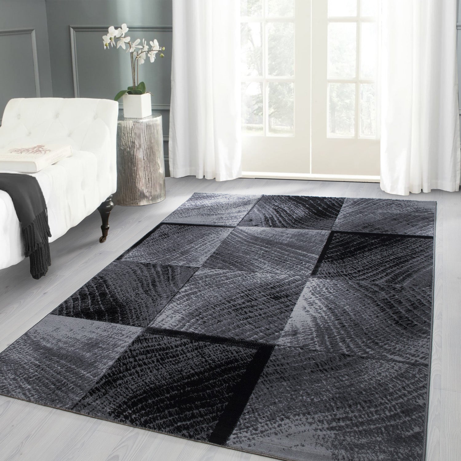 Tapis moderne à poils courts pour salon, motif à carreaux abstrait, noir, facile d'entretien