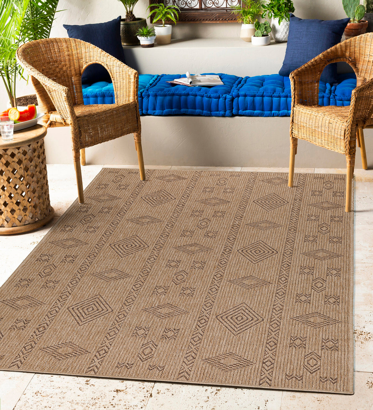Indoor &amp; Outdoor Rug Weatherproof Vintage Design Natural Look Kitchen Balcony Patio