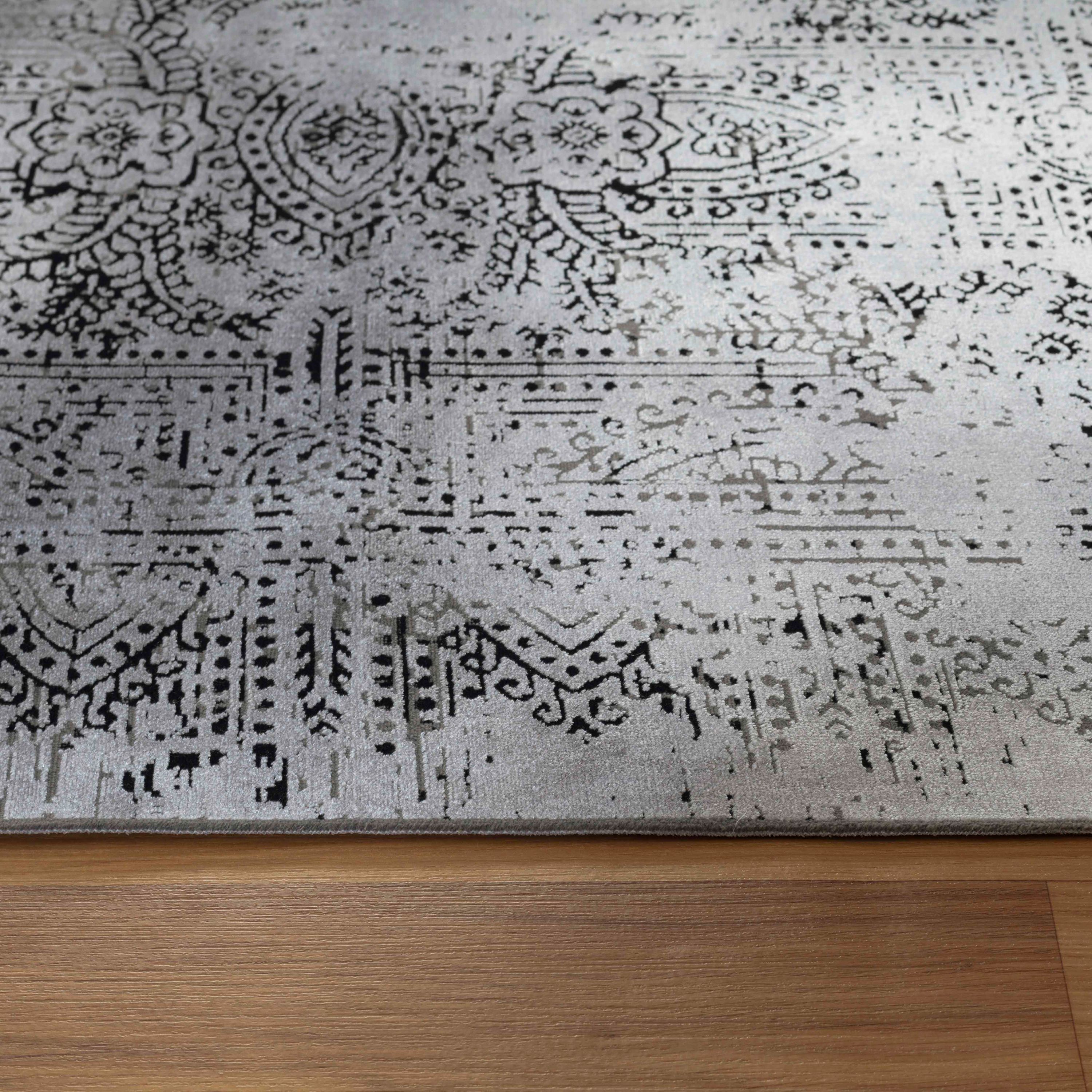 Tapis fin à poils courts, design vintage, aspect viscose, doux, pour salon