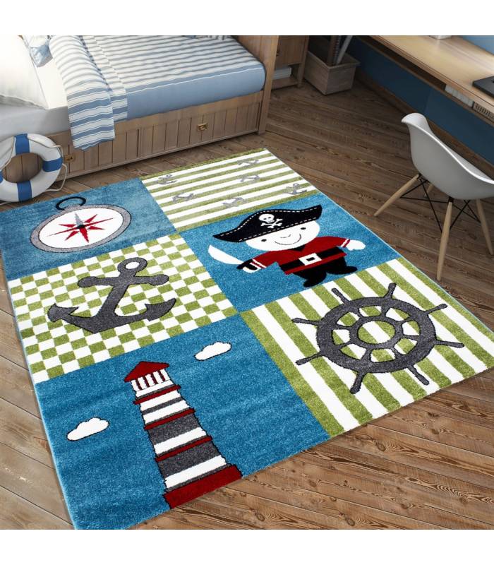 Tapis enfant poils courts phare bateau de mer chambre d'enfant gris beige