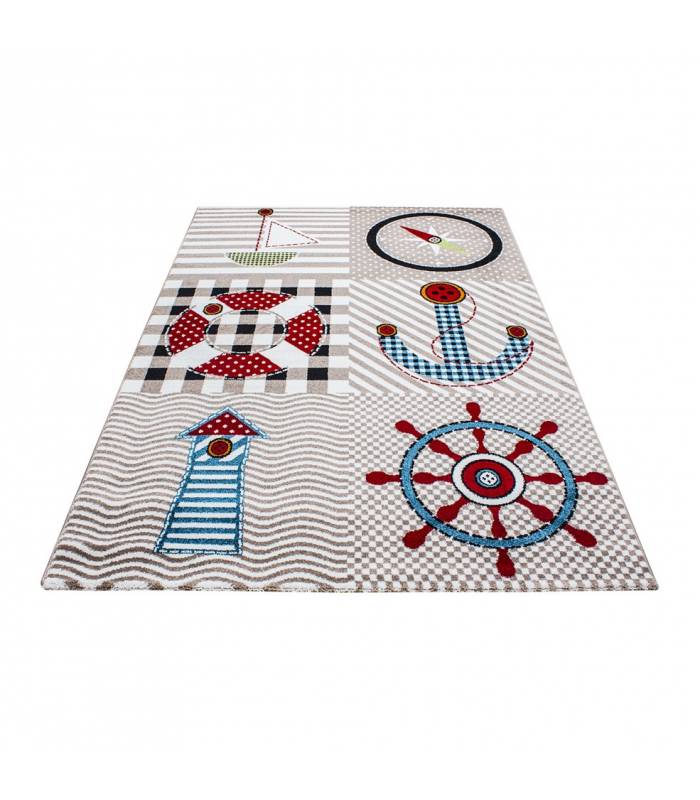 Tapis enfant poils courts phare bateau de mer chambre d'enfant gris beige