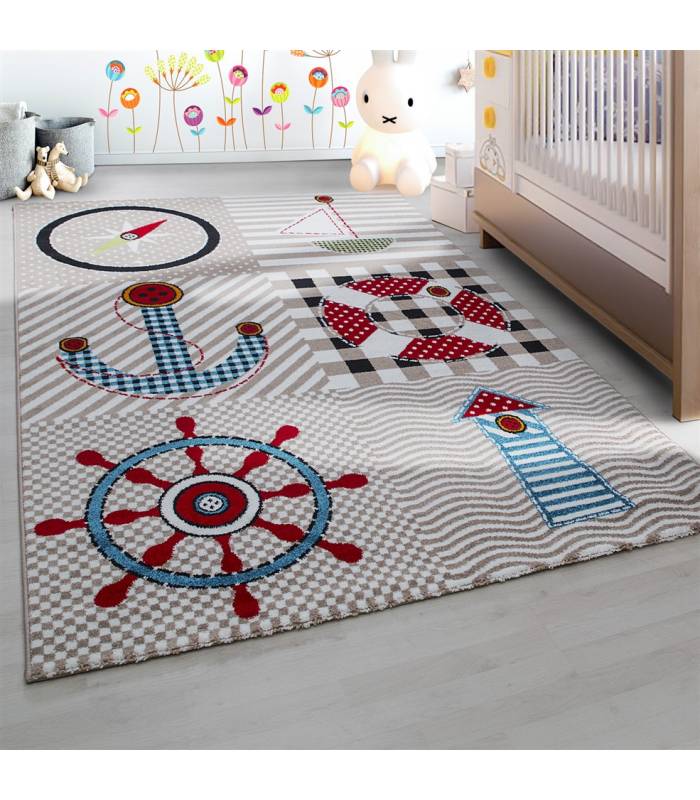 Tapis enfant poils courts phare bateau de mer chambre d'enfant gris beige